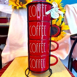 Rae Dunn Red White Coffee Stackable Mug Set and Rack VALENTINES Collection NWT